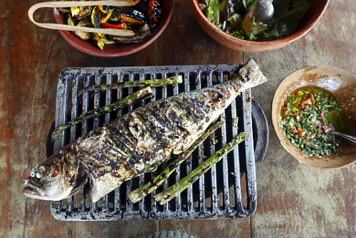 Refeição servida com peixe grelhado , legumes , salada e vinagrete ou molho a campanha - vila Lumiar - 