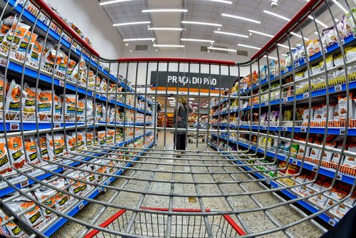 Vista interna de supermercado com consumidora fazendo compras