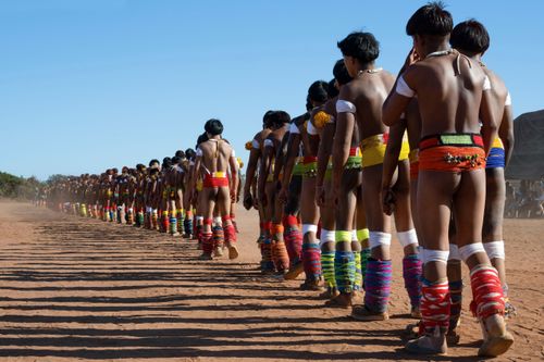Indígenas da etnia Kuikuro da aldeia Ipatse enfileirados durante o ritual de Tawarawana - Parque Indígena do