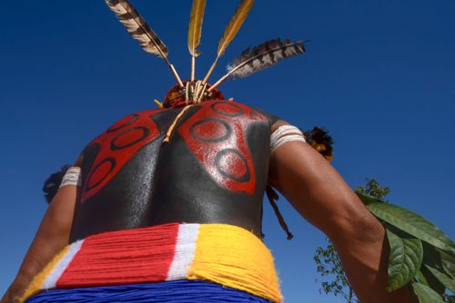 Indígena Kuikuro da aldeia Ipatse pintado para ritual de Tawarawana - Parque Indígena do Xingu