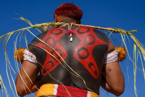 Indígena Kuikuro da aldeia Ipatse pintado para ritual de Tawarawana - Parque Indígena do Xingu