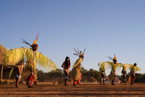 Indígenas Kuikuro da aldeia Ipatse com galhos de palha no ritual do Tawarawana - Parque Indígena do Xingu
