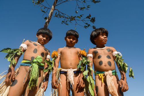 Meninos indígenas Kuikuro da aldeia Ipatse pintados para o ritual do Tawarawana - Parque Indígena do Xingu