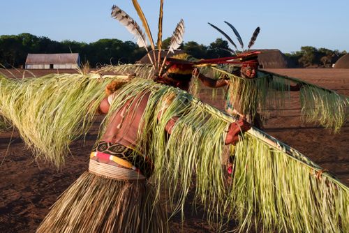 Indígenas Kuikuro da aldeia Ipatse com galhos de palha no ritual do Tawarawana - Parque Indígena do Xingu