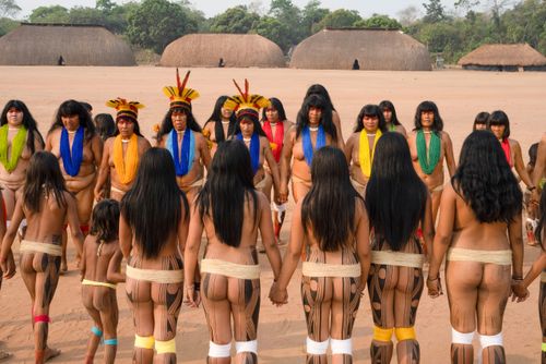 Mulheres indígenas da etnia Kalapalo durante Ritual Feminino Yamurikumã na aldeia Aiha - Parque Indígena do