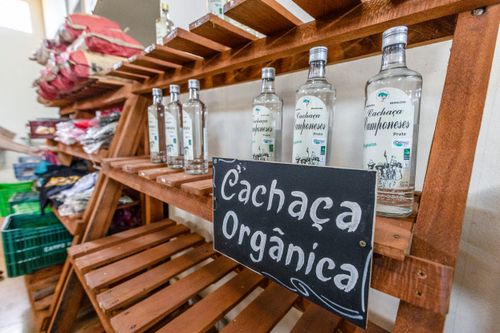 Cachaça orgânica à venda no Mercado da Reforma Agrária Popular no Assentamento Eli Vive - MST Movimento do