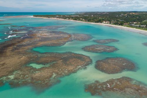 Vista de drone de arrecifes durante a maré baixa na Praia de Ipioca - APA Costa dos Corais