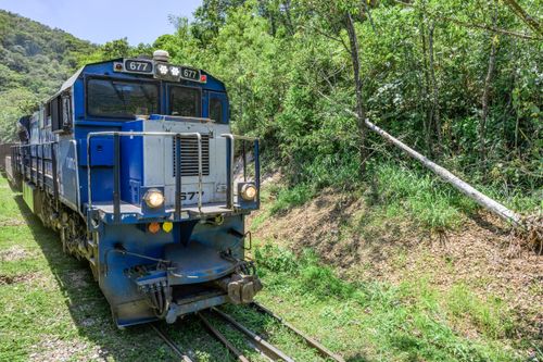 Locomotiva diesel-elétrica tracionando composição de trem de carga na ferrovia Curitiba / Paranaguá