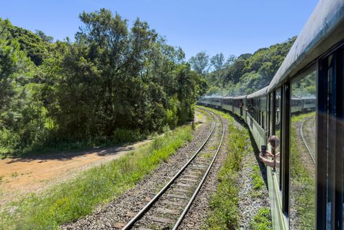 Trem turístico litorina percorrendo a ferrovia Curitiba / Morretes