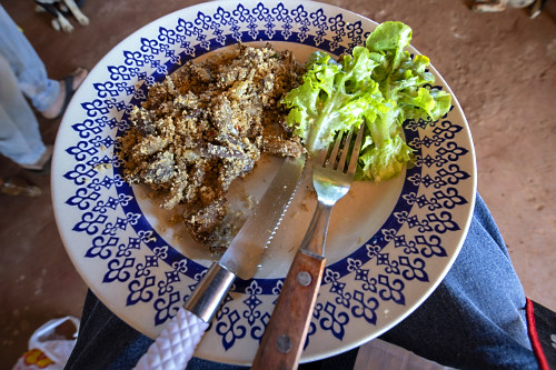 Detalhe de almoço de família indígena da etnia kaingang - carne de quati com farinha de mandioca e salada d