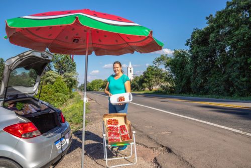 Agricultora vendendo moranguinhos produzidos em sua propriedade na margem da BR-287