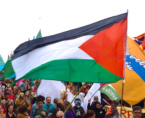 Bandeira da Palestina no cortejo artístico Parada 7 - desfile de artistas no dia da Independência