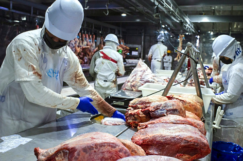 Linha de cortes de carne de gado em frigorífico