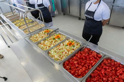 Buffet de restaurante de preço popular com strogonoff de frango - salada de repolho e melancia de sobremesa 